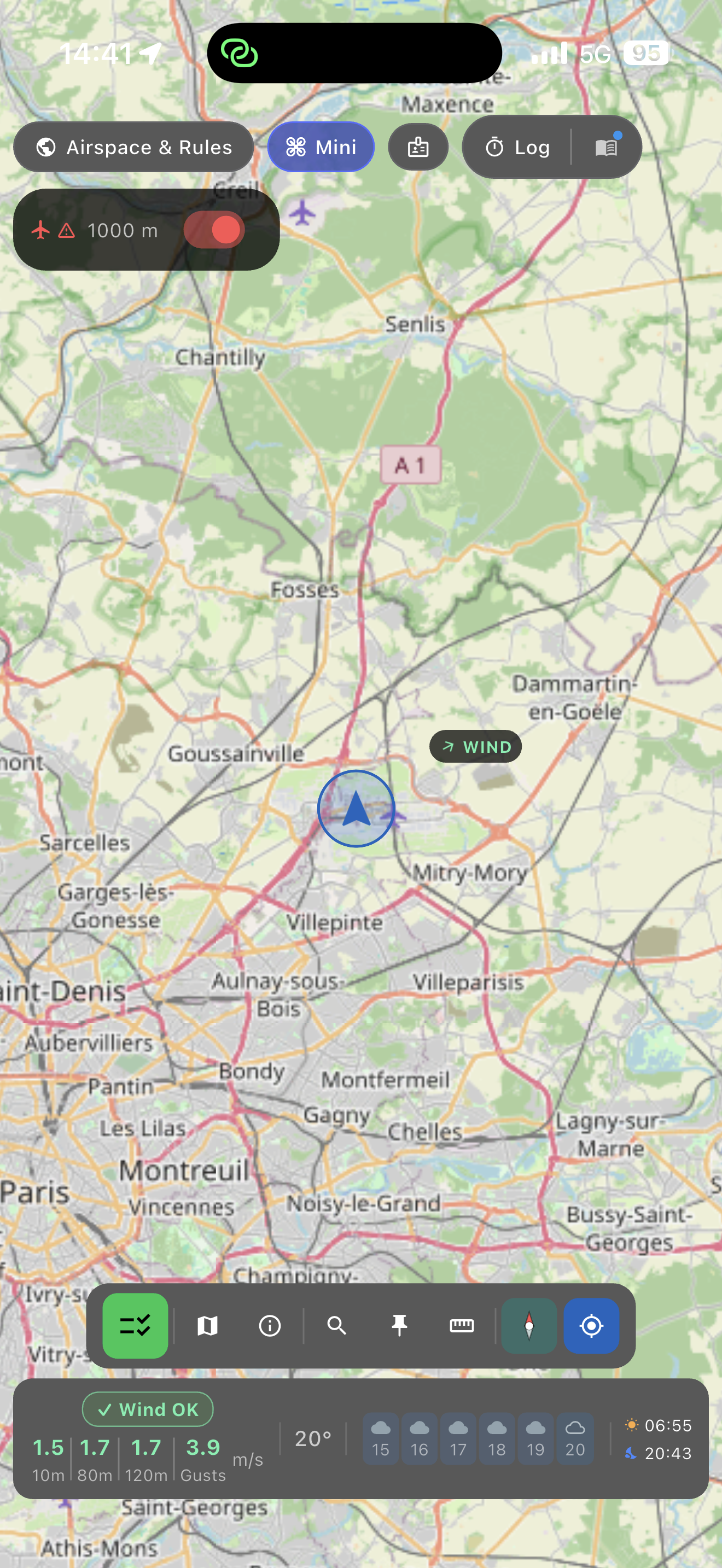 Map view with airspace and weather